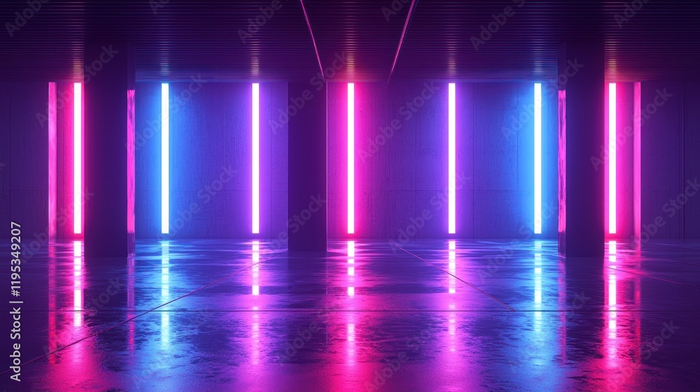 Neon lights reflecting on a wet floor in a dark, futuristic space. Neon lights reflecting on a wet floor in a dark, futuristic space.