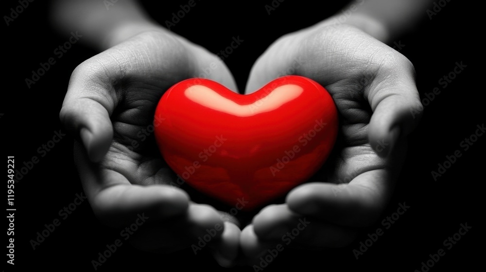 Obraz premium Hands Holding Red Heart Symbolizing Love and Care in Dark Background