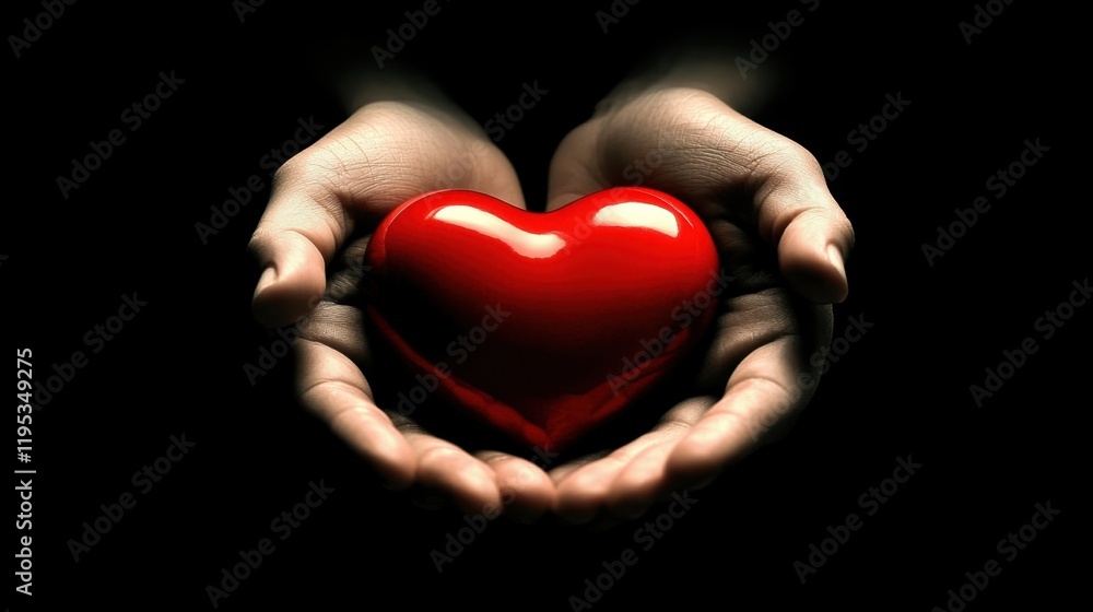 Obraz premium Hands Holding a Shiny Red Heart Symbolizing Love and Compassion