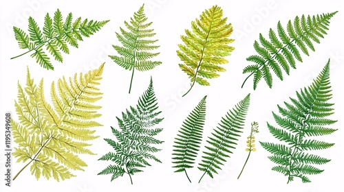 botanical illustration featuring different types of ferns, with fine detailing of the fronds and textures, isolated on a white background for contrast. [Fern leaves]:[isolate on white background.Illus