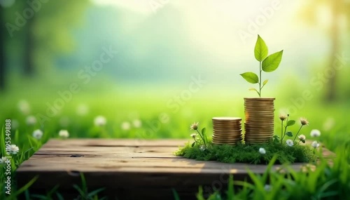 Seedlings growing in a pile of coins lying on the ground. Green investment concept, Adding money to invest. Interest and financial growth concept.