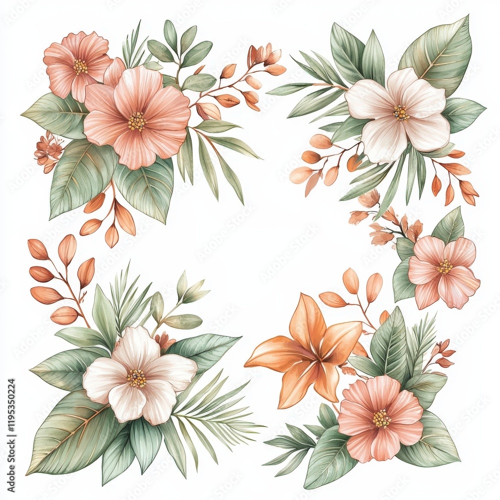Obraz premium Floral illustrations featuring soft peach and white flowers with green leaves, arranged in a decorative layout on a white background.