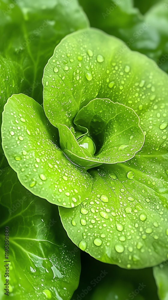 Obraz premium Closeup of fresh lettuce heads in a garden bed, dew drops on leaves, freshness and health concept
