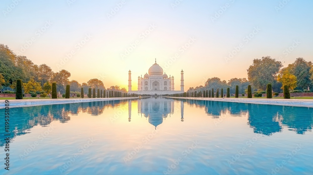 Obraz premium The serene beauty of the Taj Mahal at sunrise, reflecting on the tranquil water, surrounded by lush gardens, evoking a sense of peace and wonder.