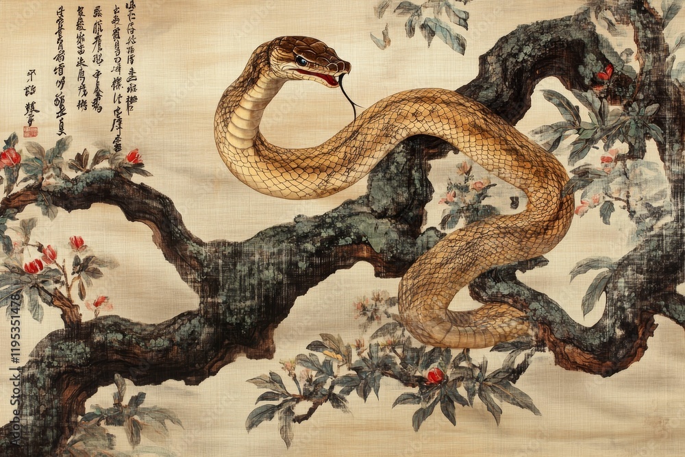 Obraz premium Beige canvas painting; snake coiled around flowering tree branch.