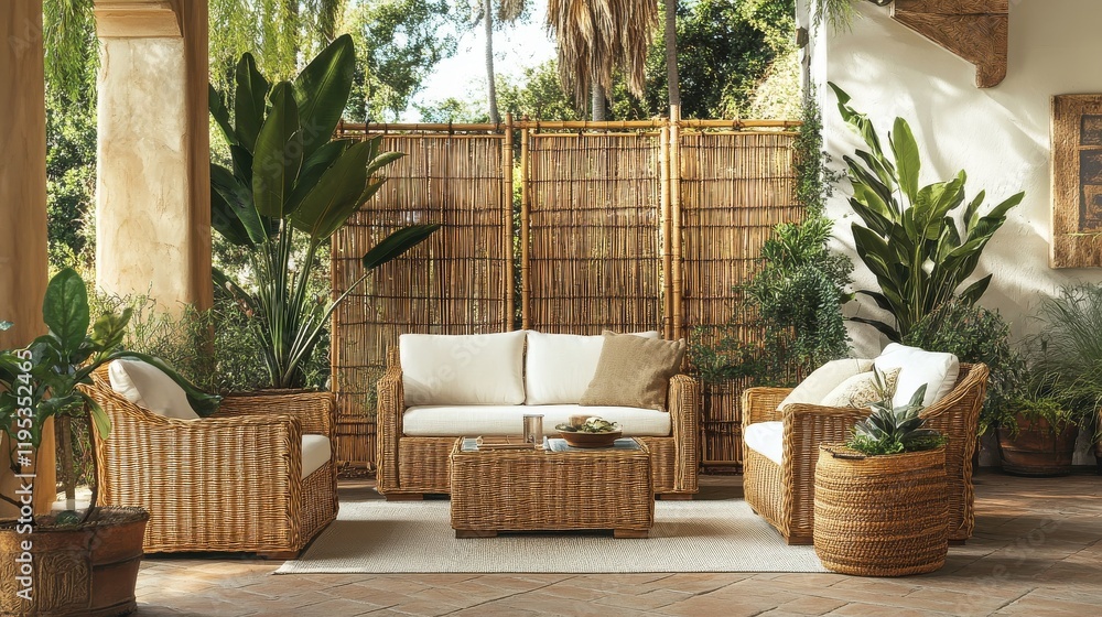 Create a serene outdoor retreat with wicker furniture and bamboo privacy screens on a cozy patio