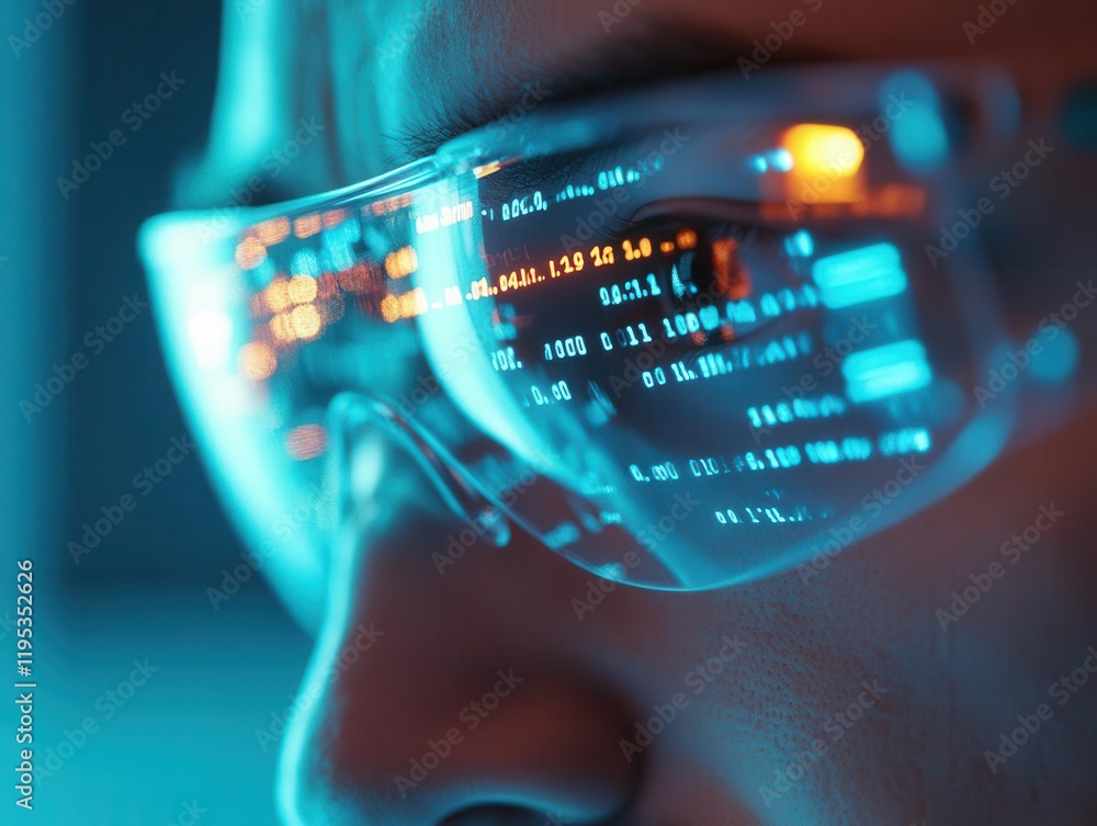 futuristic close-up portrait of cybersecurity expert with digital data reflection in smart glasses, technology interface overlay futuristic close-up portrait of cybersecurity expert with digital data reflection in smart glasses, technology interface overlay