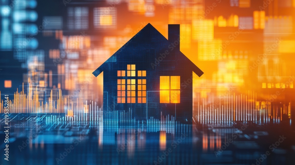 Minimalist house silhouette illuminated by vibrant digital patterns in a futuristic urban setting at dusk Minimalist house silhouette illuminated by vibrant digital patterns in a futuristic urban setting at dusk