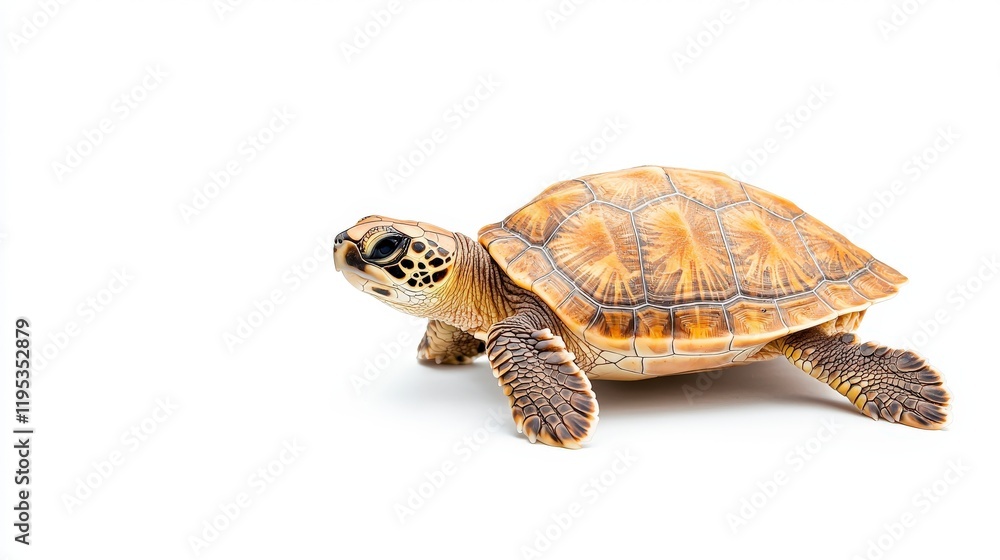 Obraz premium A close-up image of a beautiful turtle showcasing its unique shell patterns and features against a white background, perfect for nature-themed projects.