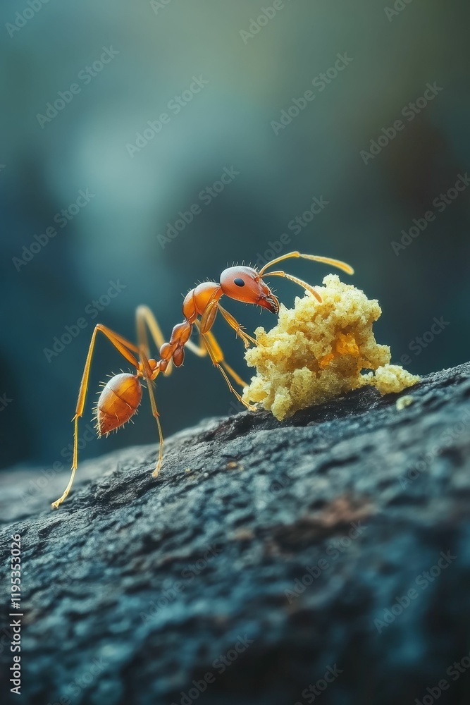 Orange ant carrying yellow crumb on dark surface. Orange ant carrying yellow crumb on dark surface.