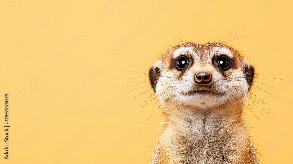 A close-up of a curious meerkat against a vibrant yellow background, showcasing its expressive eyes and distinctive features. A close-up of a curious meerkat against a vibrant yellow background, showcasing its expressive eyes and distinctive features.