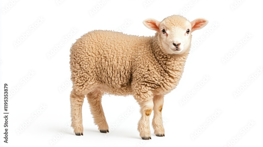 Fototapeta premium A cute and fluffy lamb standing on a white background, showcasing its soft wool and adorable features, perfect for animal lovers and farm themes.