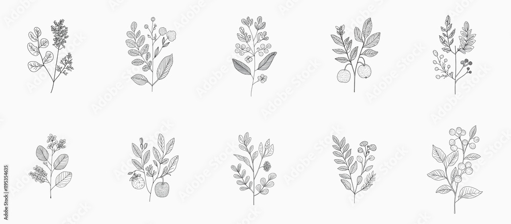 Fototapeta premium A set of outline clip-art branches isolated on white. A collection of twigs with leaves and berries as design elements. AI-generated doodle illustrations