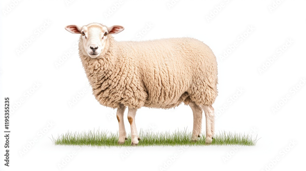Fototapeta premium A fluffy white sheep standing on green grass, showcasing its healthy wool and gentle demeanor. Perfect for farming or animal-related themes.