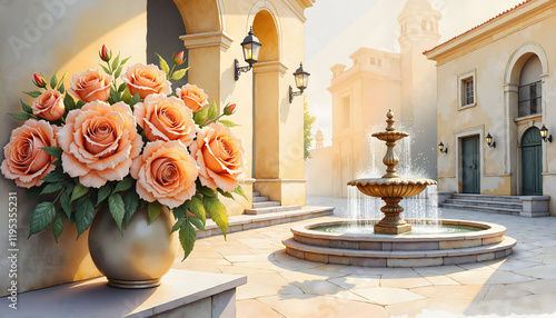 Elegant roses in vase beside fountain in charming courtyard, beauty, international women's day, watercolour painting, blurred background photo