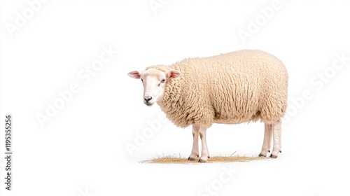 A fluffy sheep stands against a white background, showcasing its soft wool and gentle demeanor. Ideal for agricultural or animal-themed projects. photo