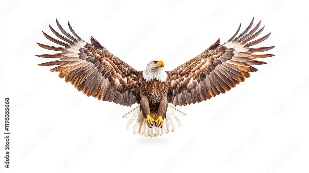 Obraz premium A majestic bald eagle in mid-flight, showcasing its impressive wingspan and powerful presence against a clean white background.