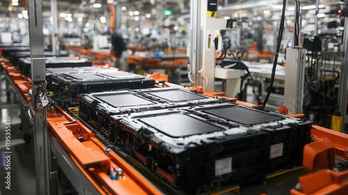 efficient assembly line showcasing automated machinery assembling electric car battery cells, in a bustling factory environment filled with high-tech equipment and focused workers photo