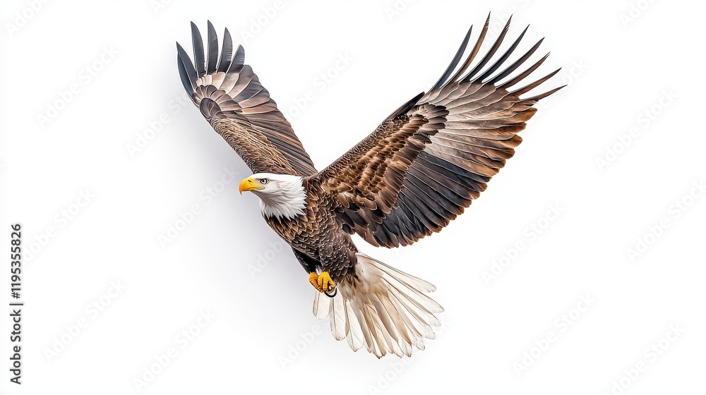 Obraz premium A majestic bald eagle soars through the sky, showcasing its powerful wings and striking features. A symbol of freedom and strength in nature.