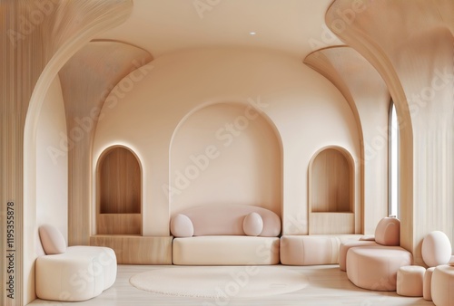 Minimalist Curved Sanctuary. Modern interior space with arched alcoves and soft beige curved seating in a monochromatic peaceful setting. photo