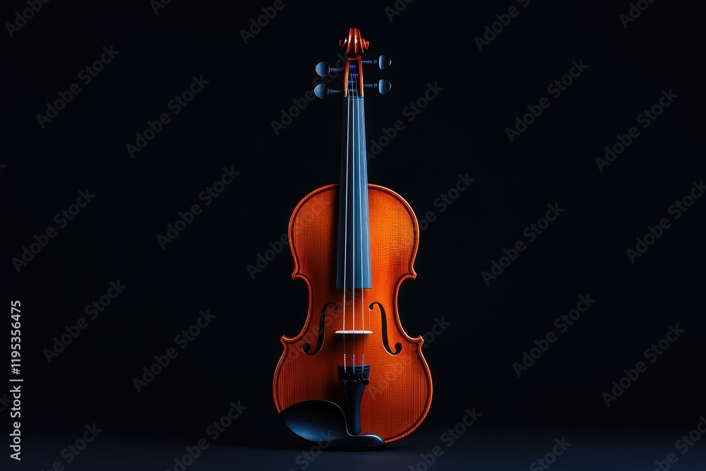 A classic violin stands upright against a dark background, showcasing its elegant design and rich, amber-brown wood finish. The lighting emphasizes its curves and details. A classic violin stands upright against a dark background, showcasing its elegant design and rich, amber-brown wood finish. The lighting emphasizes its curves and details.