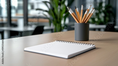 Wallpaper Mural Modern workspace with notepad and pencils on wooden desk Torontodigital.ca