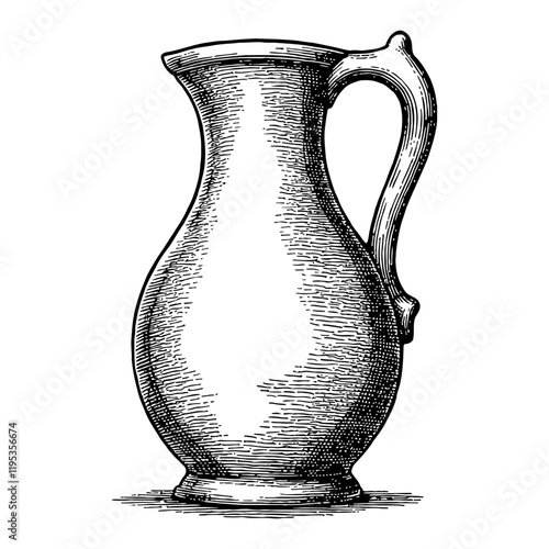 Vintage Jug Pitcher in Detailed Black and White Outline Line Art Drawing isolated on white