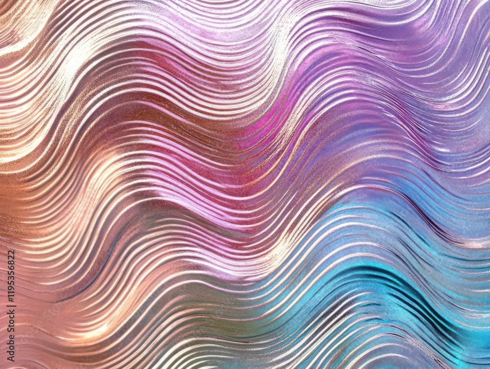 Fototapeta premium holographic iridescent background texture with smooth rippling wave pattern in pastel purple, turquoise and rose gold gradients