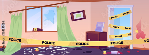 Crime scene at room with Police tape, vector crime investigation signs, trace of a dead body, knife in blood, footprint