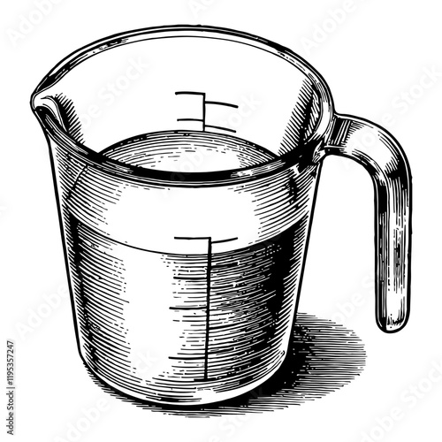 Measuring Cup with Liquid Detailed Black and White Outline Line Art Drawing with Handle and Spout