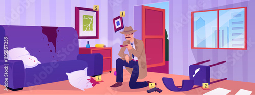 Vector illustration of a crime scene with a detective in uniform, hat and raincoat