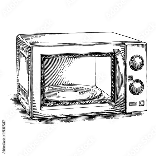 Microwave Oven Kitchen Appliance with Plate Detailed Black and White Outline Line Art Drawing