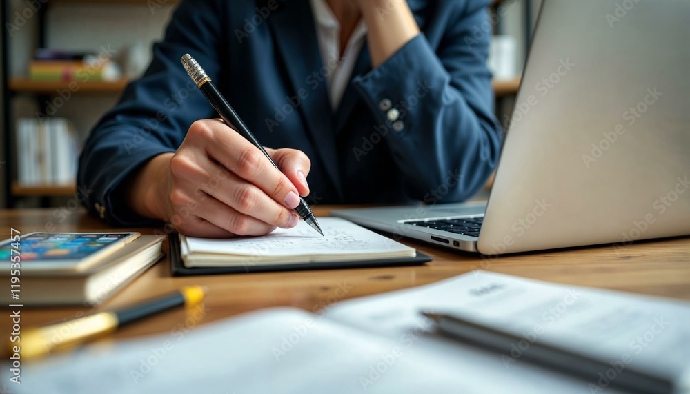Hands holding a pen writing in a notebook next to a laptop and office stationery Hands holding a pen writing in a notebook next to a laptop and office stationery