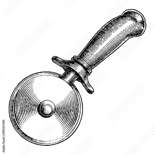 Pizza Cutter Tool Detailed Black and White Outline Line Art Drawing with Vintage Style Handle