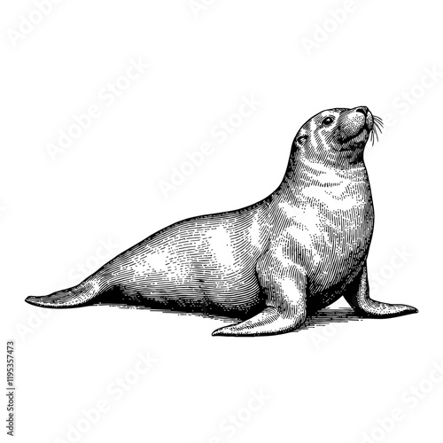 A Sea Lion Looking Upward with Detailed Black and White Outline Line Art Drawing