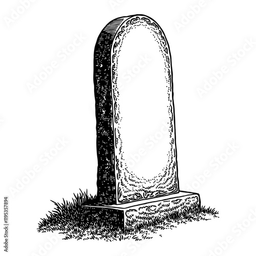 Tombstone Grave Marker Monument with Grass Black and White Outline Line Art Drawing