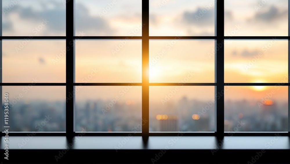 Fototapeta premium Beautiful Sunset View Through Modern Window with Cityscape Background