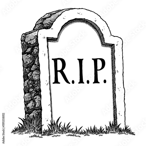 Tombstone with R I P Text in Detailed Black and White Outline Line Art Drawing Isolated Object