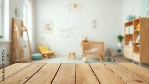 Empty wooden tabletop with blurry baby room interior background Wooden table for product presentatio photo