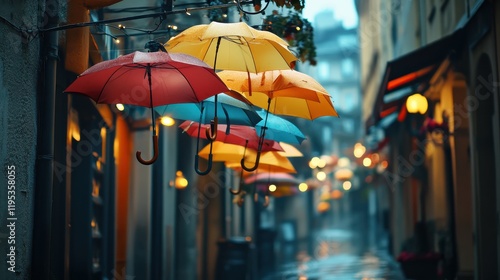 Wallpaper Mural Colorful umbrellas brighten a rainy street in a charming European town during the evening Torontodigital.ca