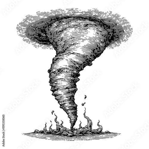 Tornado Wind Storm Weather in Detailed Black and White Outline Line Art Drawing Engrave Style