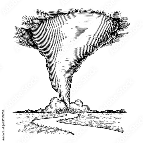 Tornado Illustration with Land Path Detailed Black and White Outline Line Art Drawing