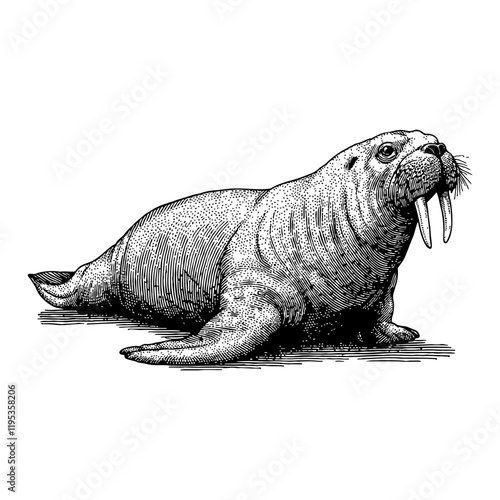 A Walrus Lying in Detailed Black and White Outline Line Art Drawing Side View with Big Tusks