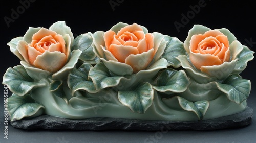 Elegant ceramic sculpture featuring three peach roses surrounded by green leaves on a dark background