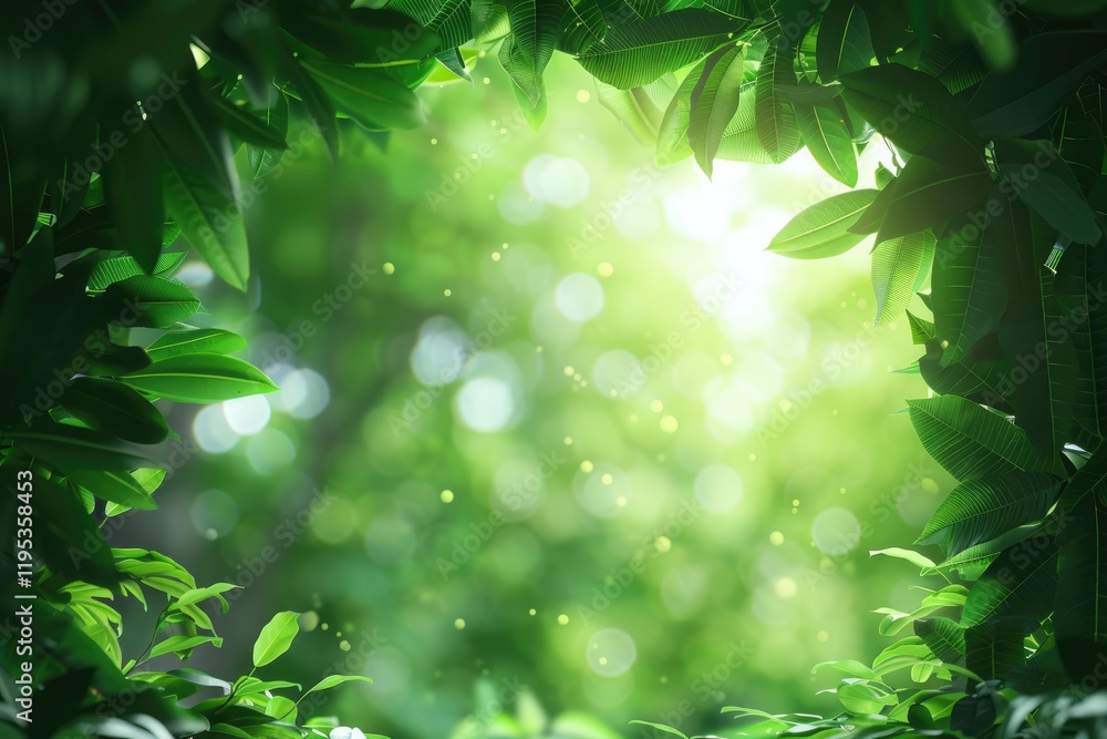 Vibrant Green Leaves Framing a Bright Sunlit Forest Background Vibrant Green Leaves Framing a Bright Sunlit Forest Background