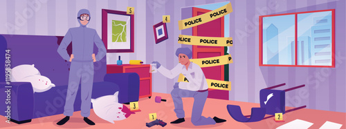 Crime scene at home or office room with detectives and Police yellow tape on the door, vector flat crime investigation