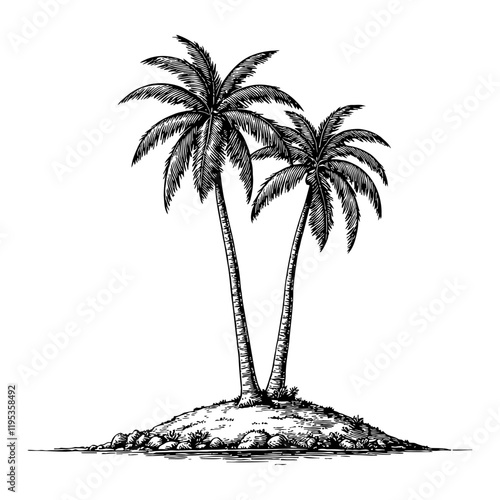Two Palm Trees on an Island in Detailed Black and White Outline Line Art Drawing