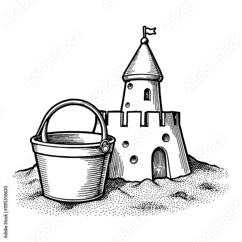 Bucket Beside Sand Castle Detailed Black and White Outline Line Art Drawing with Flag on Top