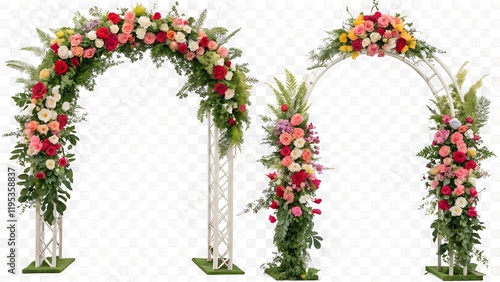 Fototapeta Naklejka Na Ścianę i Meble -  Set of flower arches on a transparent background. The concept of plants, celebration and design.