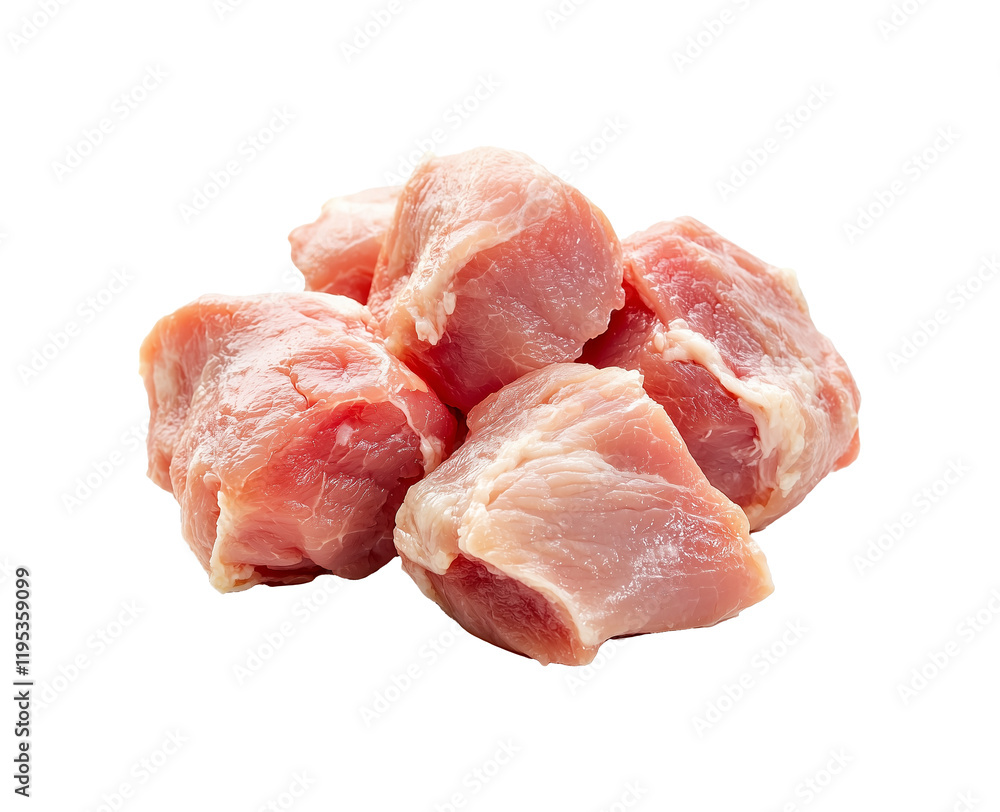 Chunks of raw turkey leg meat isolated on transparency background, showcasing fresh and tender cuts ideal for cooking. pinkish hue and marbled texture highlight quality of meat Chunks of raw turkey leg meat isolated on transparency background, showcasing fresh and tender cuts ideal for cooking. pinkish hue and marbled texture highlight quality of meat